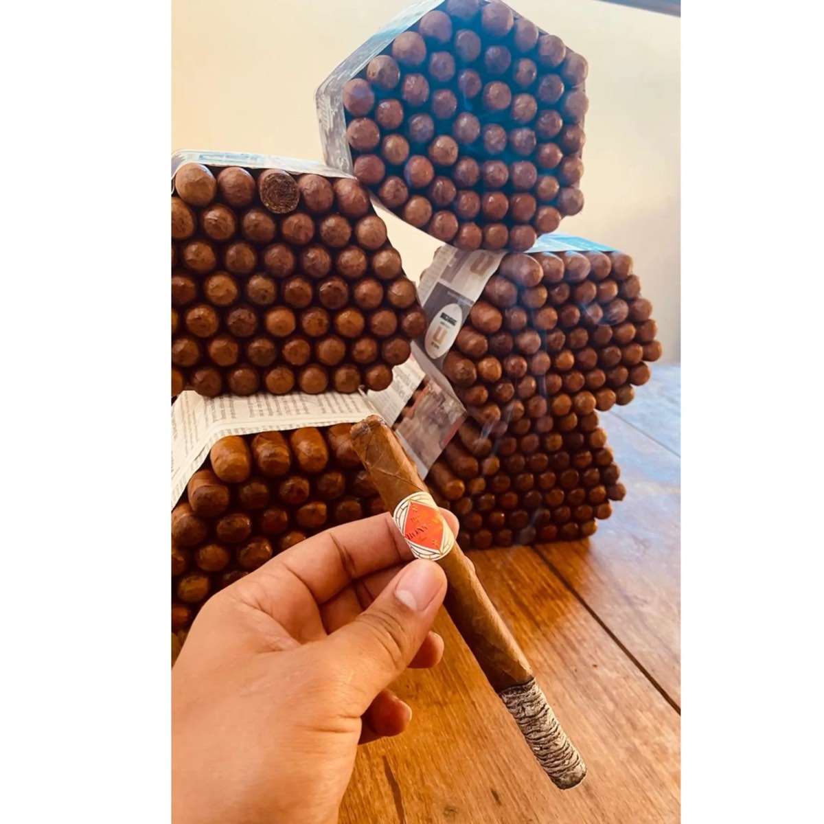 Lit handmade premium cigar size Lancero
